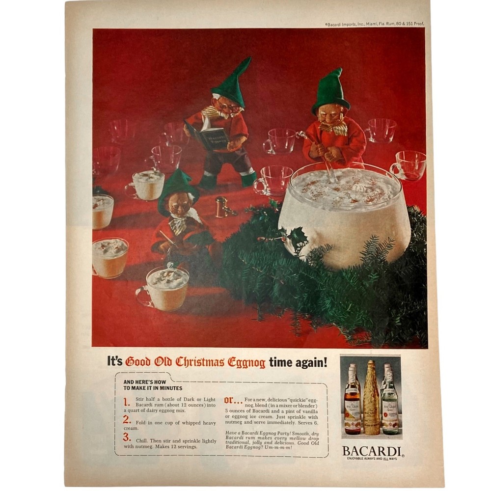 1965 Good Old Christmas Eggnog with Bacardi Rum - made by Elfs  Vintage Print Ad