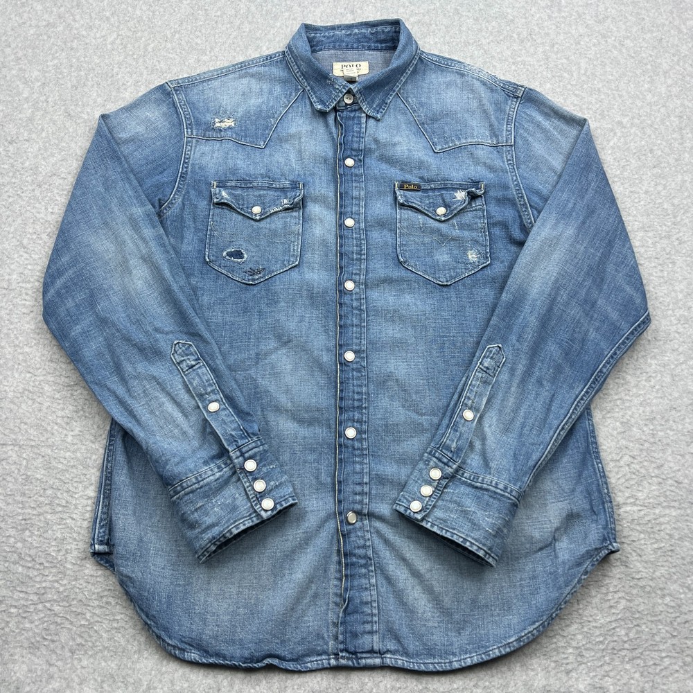 Polo Ralph Lauren Denim Western Shirt Men's Medium Blue Pearl Snap Distressed