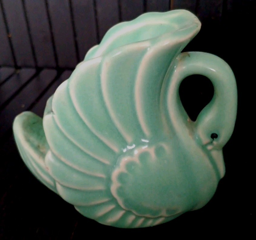 Vintage Art Deco/MCM Green Ceramic Swan Vase for Succulents