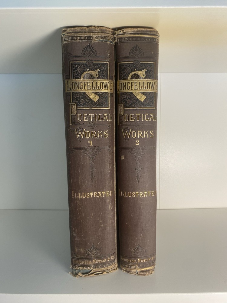 1882 Illustrated Poetical Works of Longfellow in 2 Volumes Victorian Binding