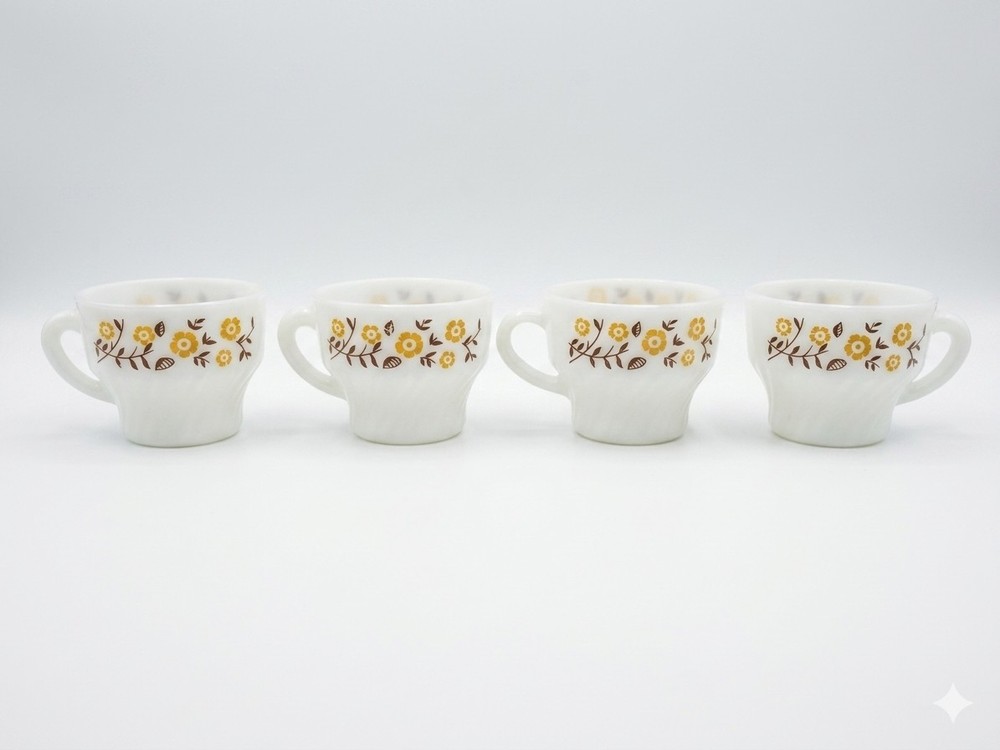 Milk Glass Vintage Termocrist Yellow Flowers White Glass Coffee Mug Set of 4
