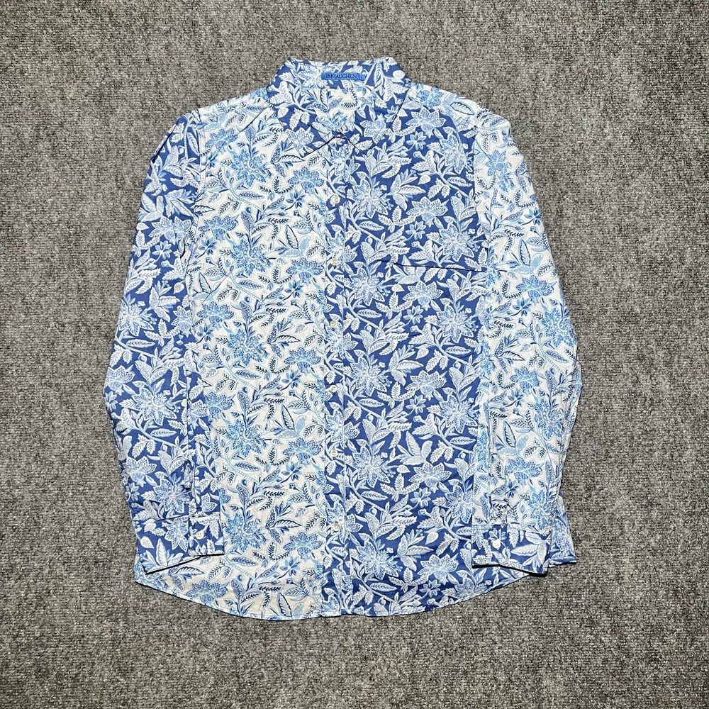 J McLaughlin Floral Button Front Shirt Womens Large Blue Cotton Top Long Sleeve