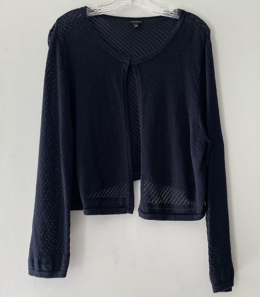 Talbots Women’s Size XL Navy Blue Pointelle Knit Dress Shrug Cropped Cardigan