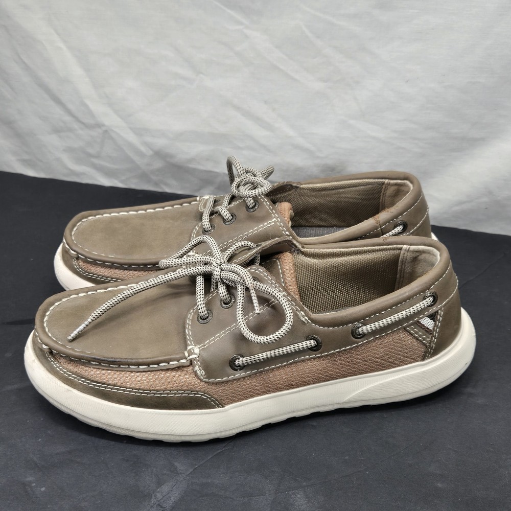 Margaritaville Lightweight Men 9 Faux Leather Boat Shoe Lace-Up Moss Green Brown