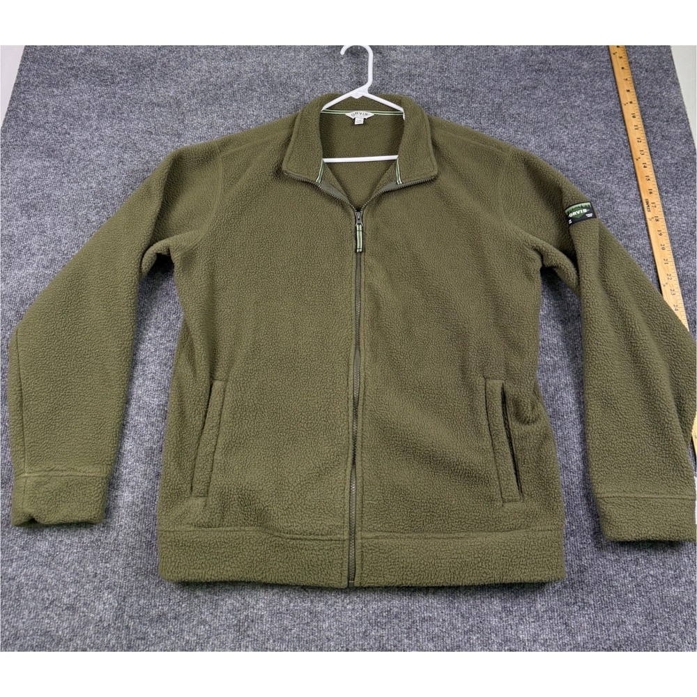 Orvis Mens Olive Green Full Zip Fleece Jacket Large Sherpa Pile Mock Neck
