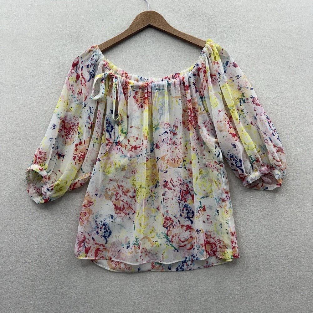 Cabi Women’s XS Sheer White Floral Blouse Drawstring Tie Neckline Lightweight