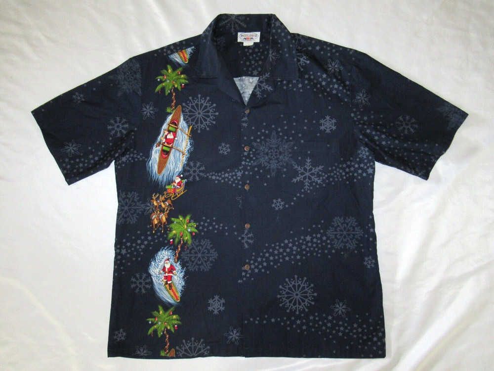 Pacific Legend Vtg Hawaiian Santa Christmas canoe Surfing USA Shirt mens Size XL