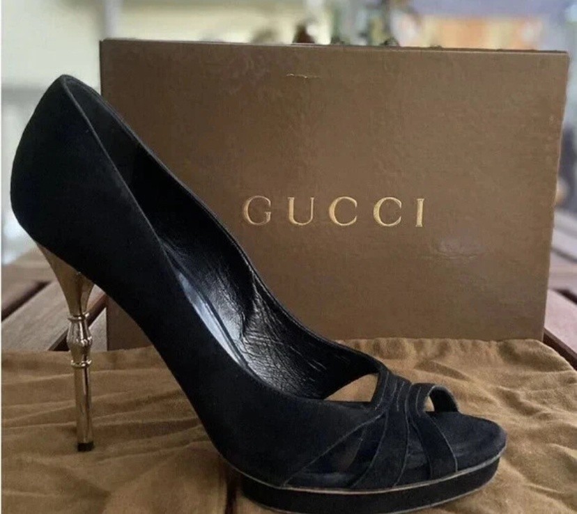 Gucci Womens Black Suede Bamboo Heel Platform Shoes Size 40 Made in Italy