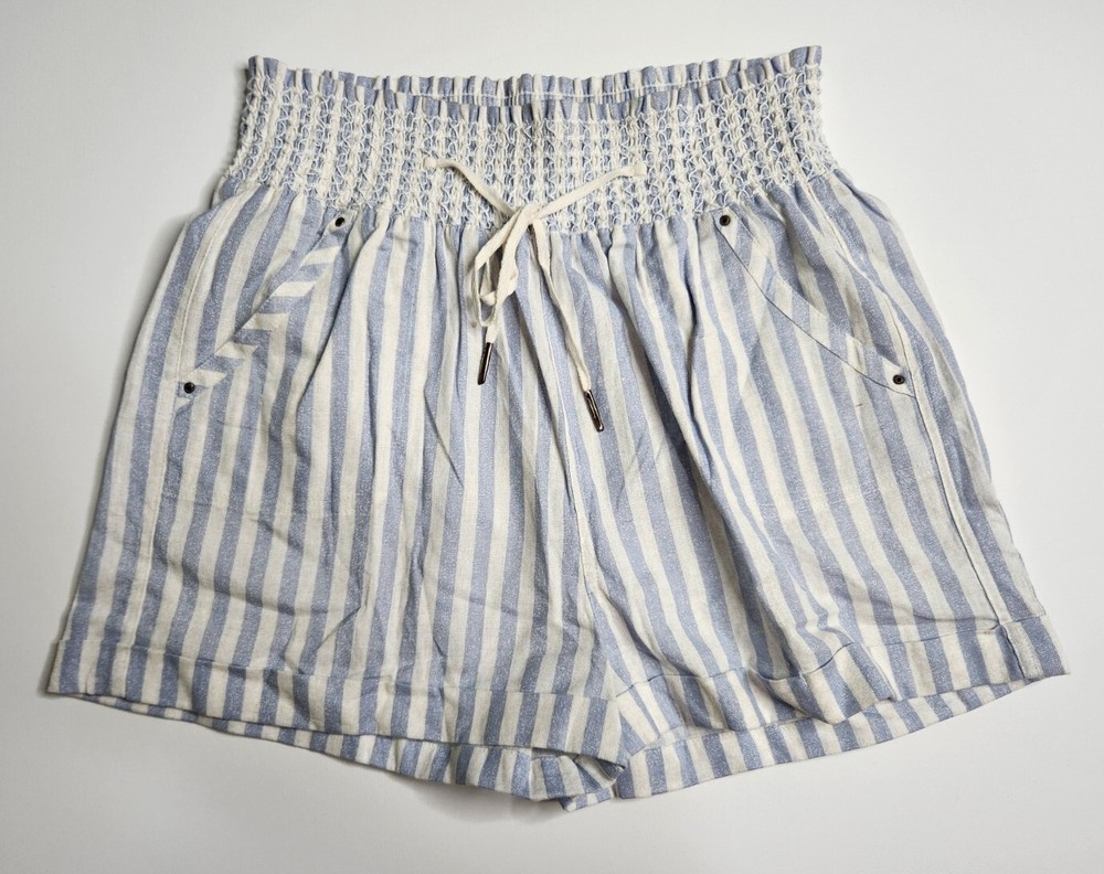 Jolie Joy Womens L Shorts Light Blue Striped Drawstring Cotton Paperbag Coastal