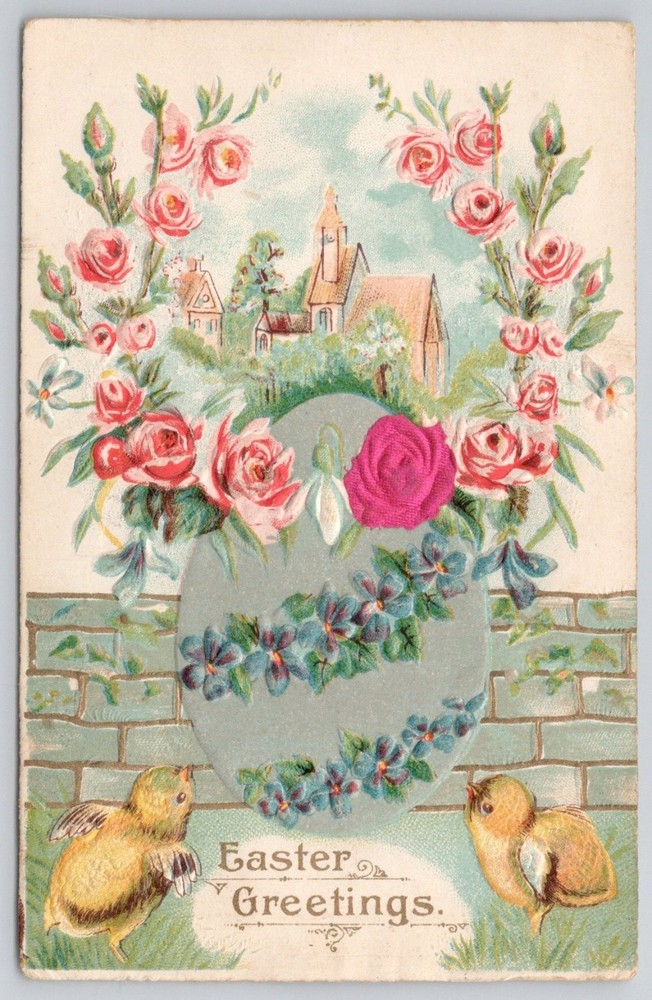 1907 Embossed Easter Greetings Postcard Chicks Roses Village New London CT