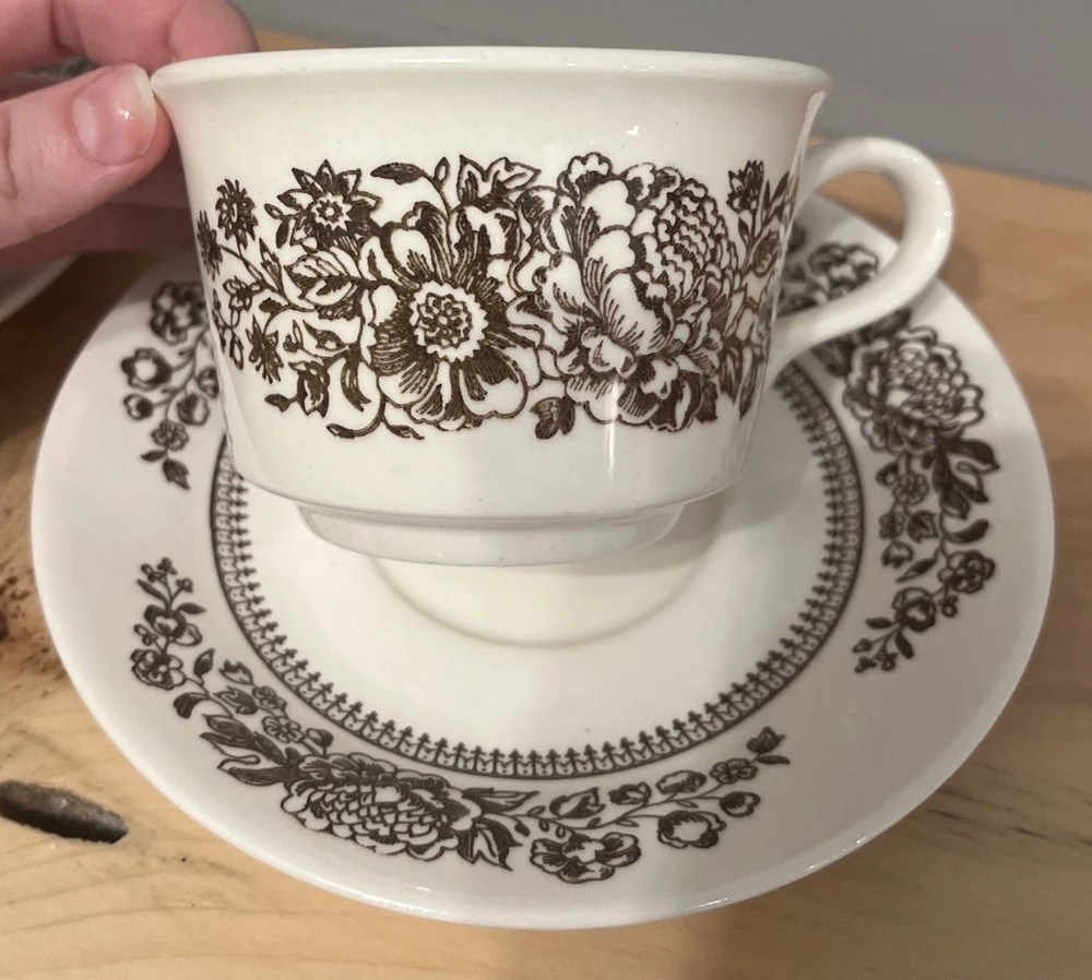 Cavalier Cup & Saucer Royal China Sussex Ironstone Brown Floral Set of 2 MCM