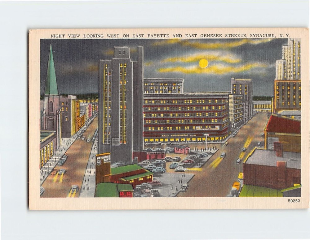 Postcard Night View Looking West on East Fayette  & East Genesee Syracuse NY USA
