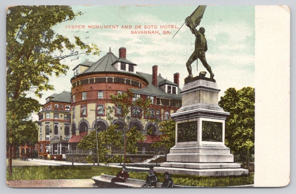 Jasper Monument De Soto Hotel Savannah GA 1908 Posted Postcard F.M. Kirby