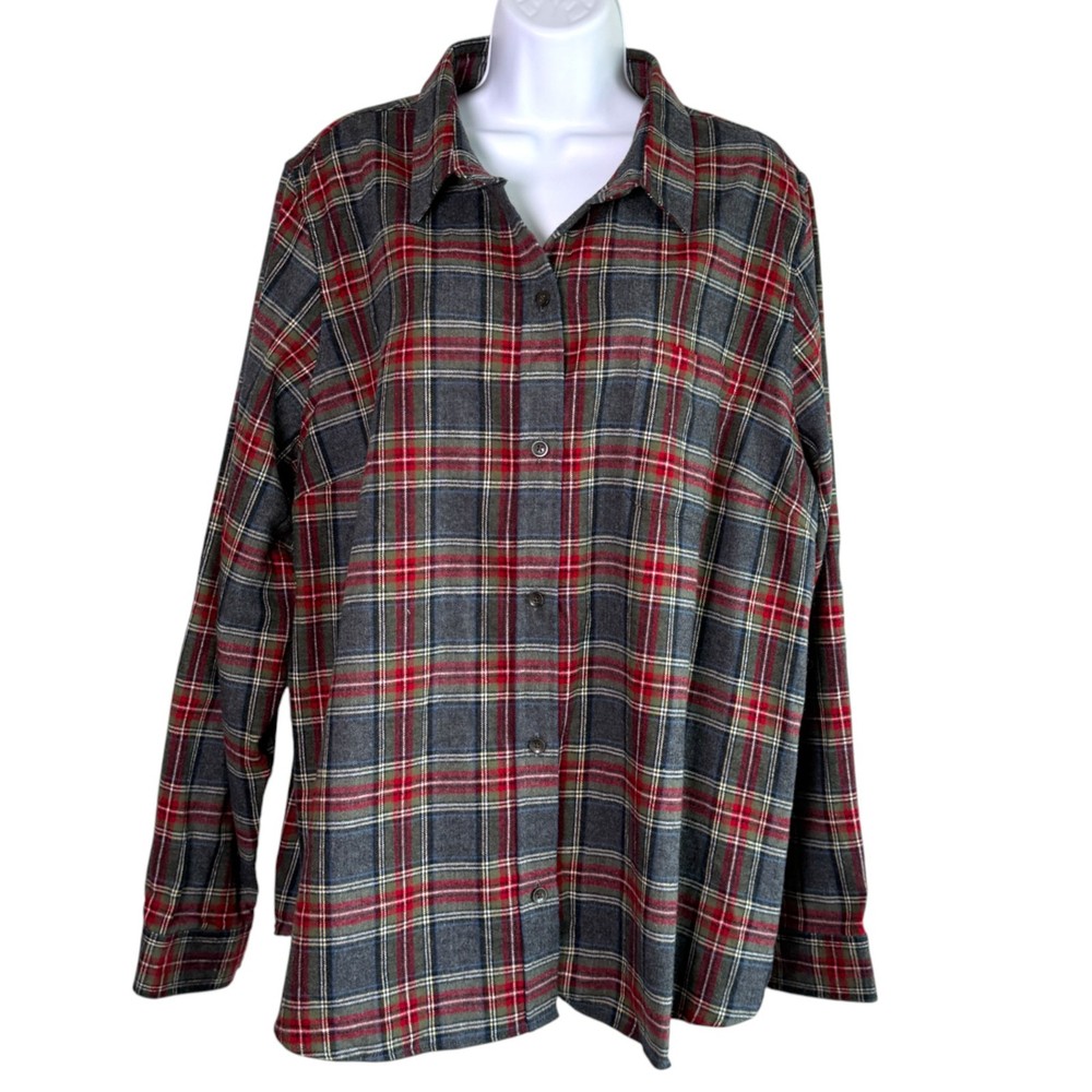 LL Bean Womens Relaxed Fit Scotch Plaid Flannel Top Size 2X Outdoors Camp Hike
