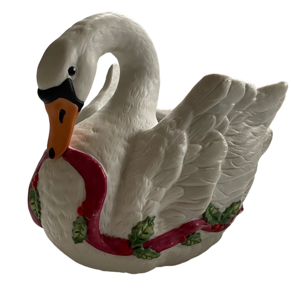 Christmas White Swan Porcelain Planter Red Ribbon Accent Textured Wings-image