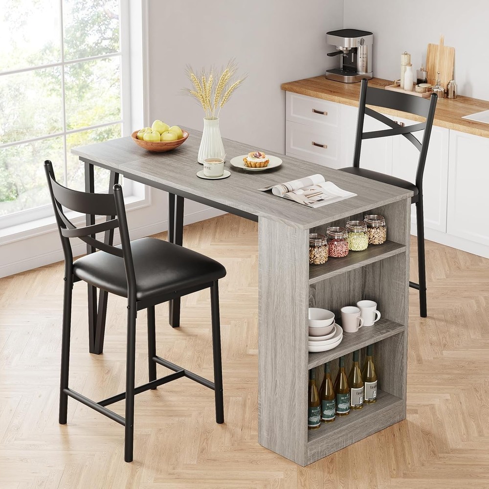 3-Tire Dining Set Bar Table and 2 Height Chairs Wood Top for Small Space Kitchen