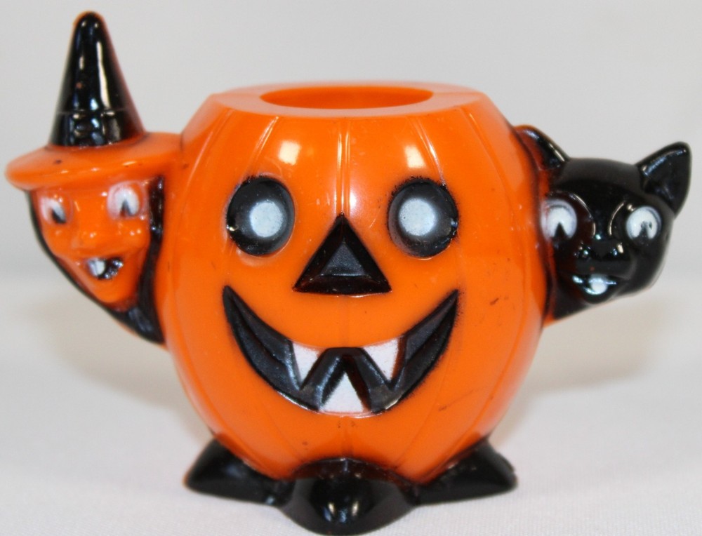 Vintage Halloween Witch Black Cat Pumpkin Candy Container Rosbro Hard Plastic