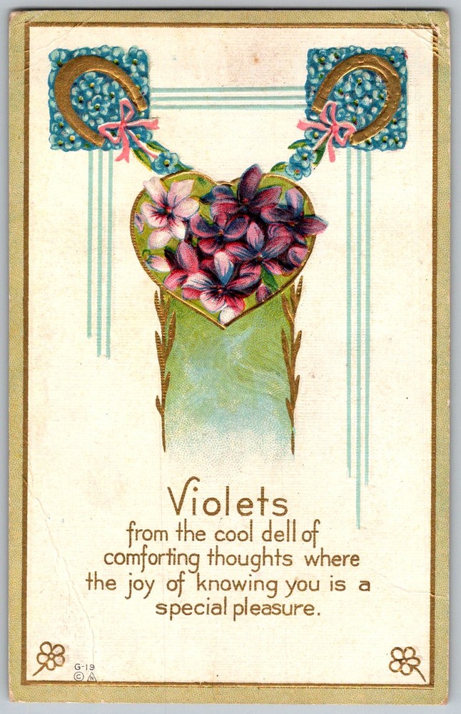 Antique Postcard Violets Heart Bouquet 1910s