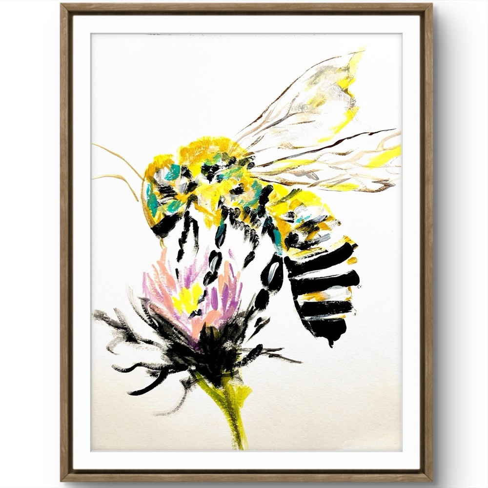 TITA PAINTZ Bee On Flower Hand Painted Acrylic Paper Art 9x12 Home Decor