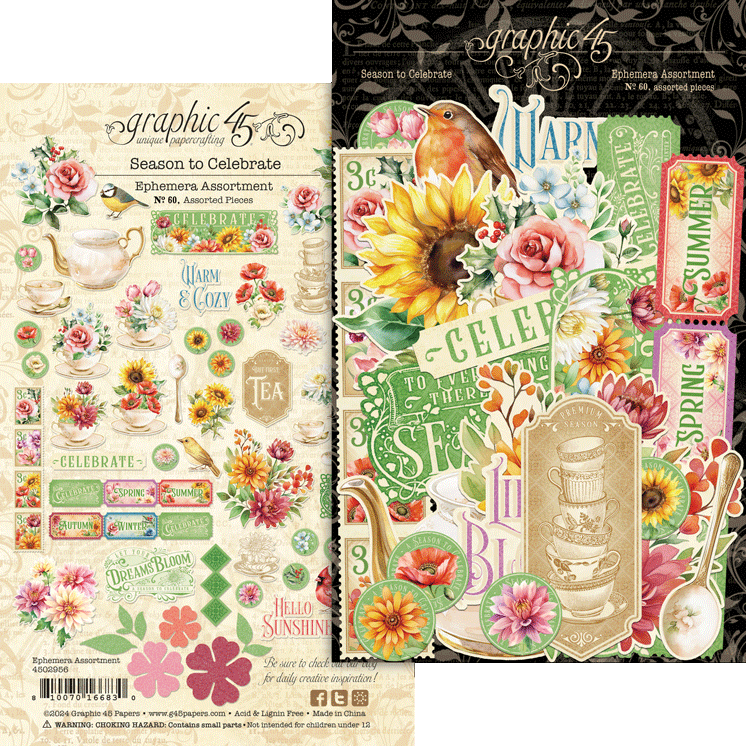 Graphic 45 SEASON TO CELEBRATE 60pc Die Cut Ephemera Assortment Set Scrapbook