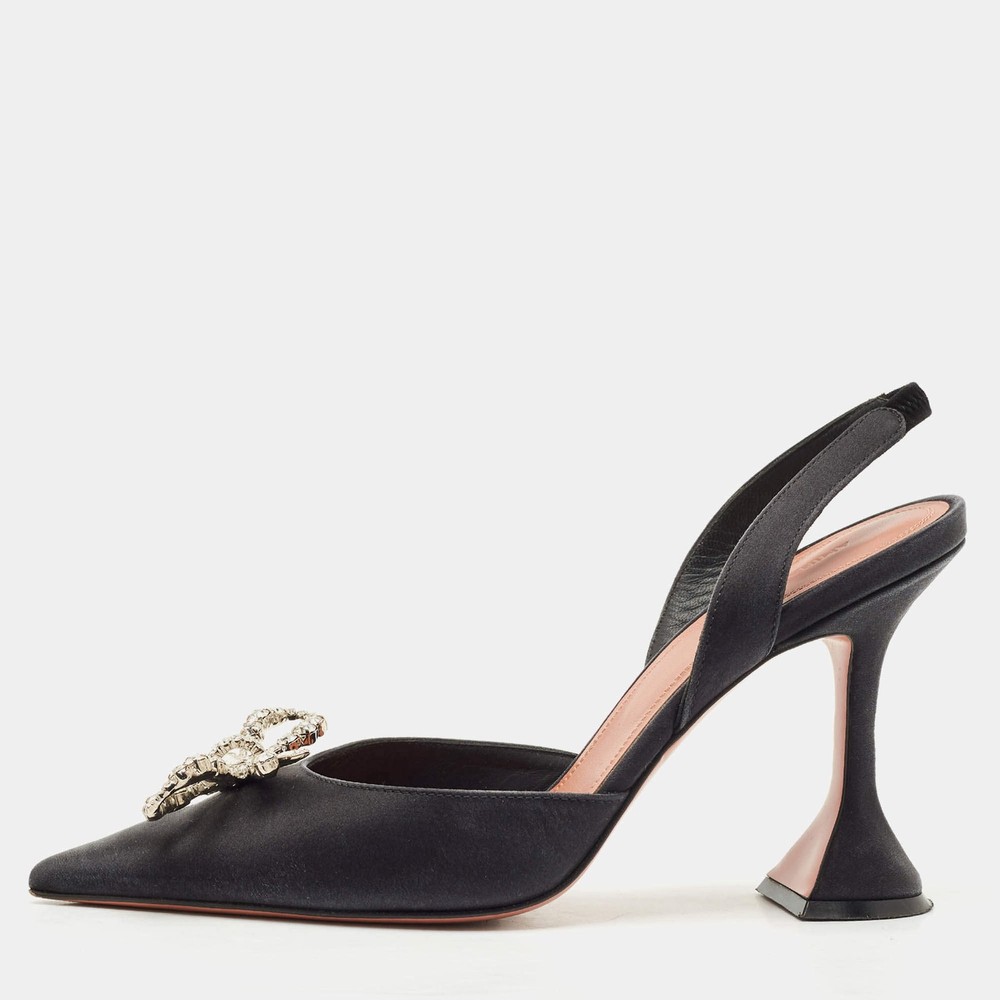 Amina Muaddi Black Satin Begum CrystalEmbellished Slingback Pumps Size 38