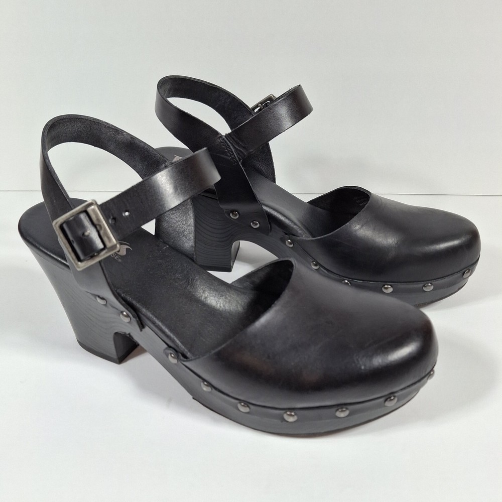 Korks Abloom Clog Platform Slingback Shoes Women 9 Black Leather Rivets *FLAW