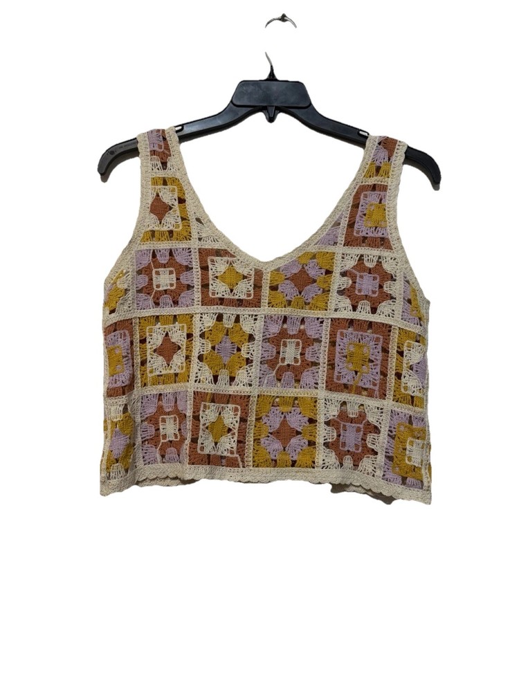 Rebellion Cropped Tank Top Crochet  Granny Square Patchwork SzSBoho Hippie T 11