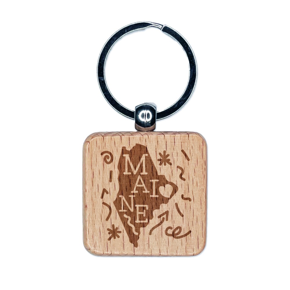 Maine State Engraved Wood Keychain with Swirl Text Design  