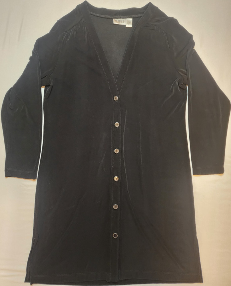Chico's Travelers Black Long Sleeve Button Down Tunic Top Womens Size 2 V-Neck