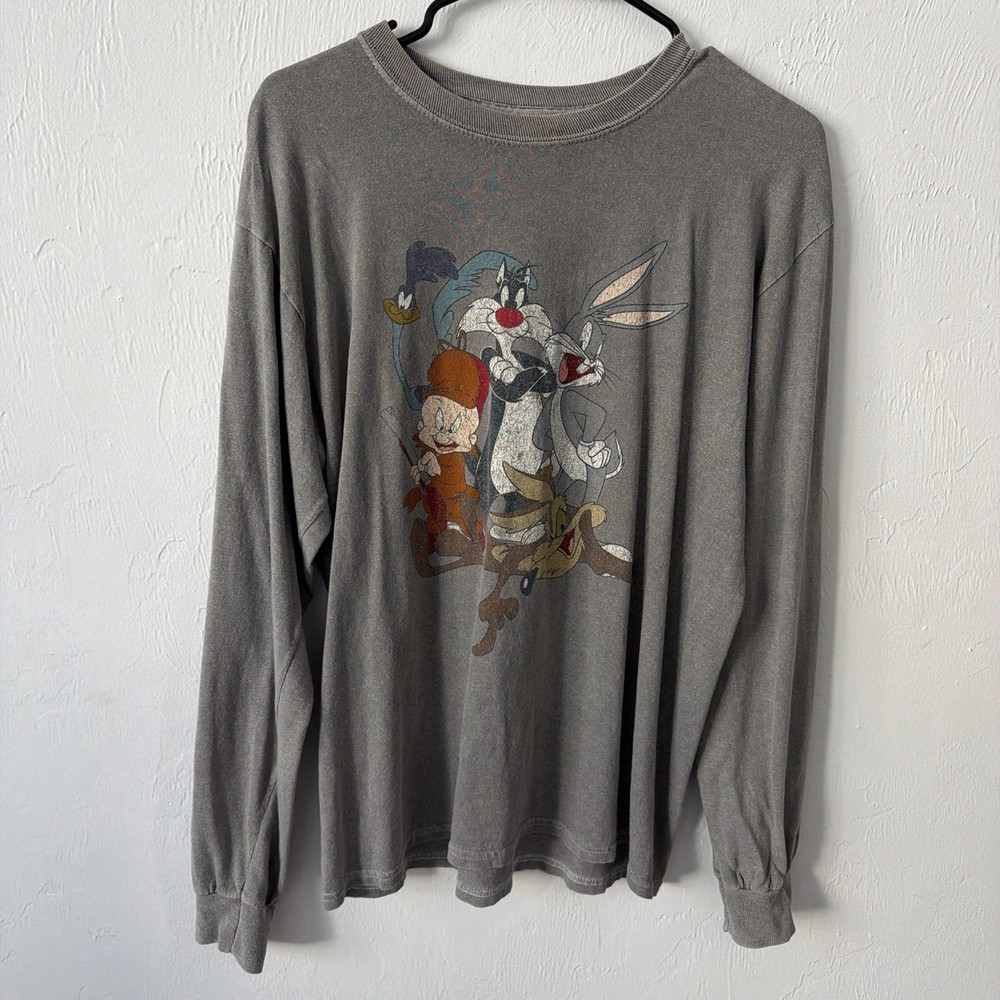 Vintage Looney Tunes Men's Gray Cotton Long Sleeve Graphic T-Shirt in S/M
