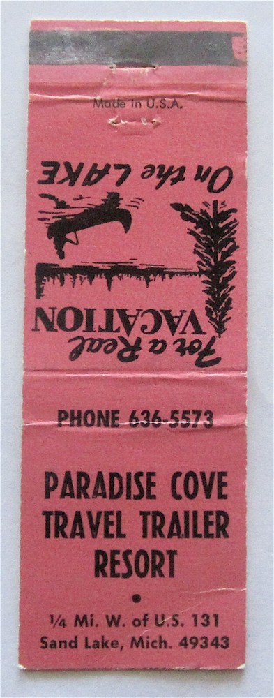 PARADISE COVE TRAVEL TRAILER RESORT, SAND LAKE, MI  MATCHBOOK COVER