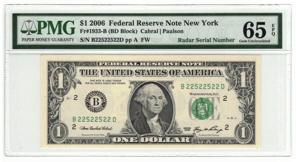 2006 $1 Federal Reserve Note New York PMG 65EPQ 2 Digit Radar B22522522D