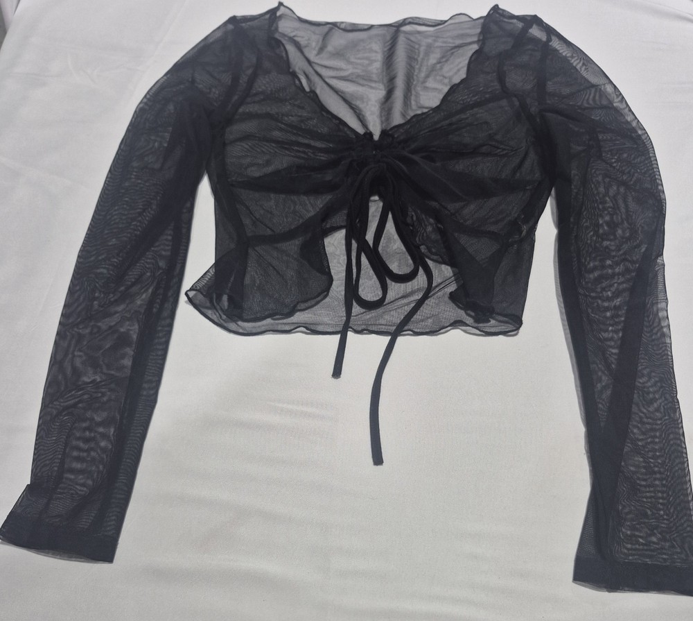 Women's Sheer Black Long Sleeves Crop Top With Tie Closure And Ruffled Edges