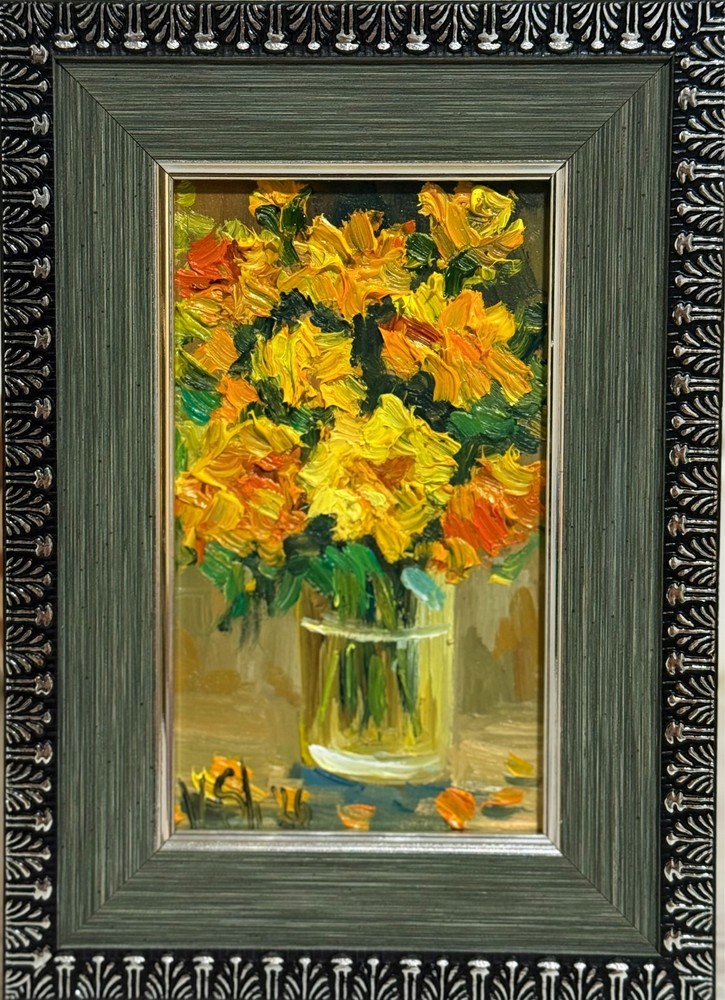 Original Oil Painting Yellow Wildflowers Flowers Still life Art Framed 7x5 in