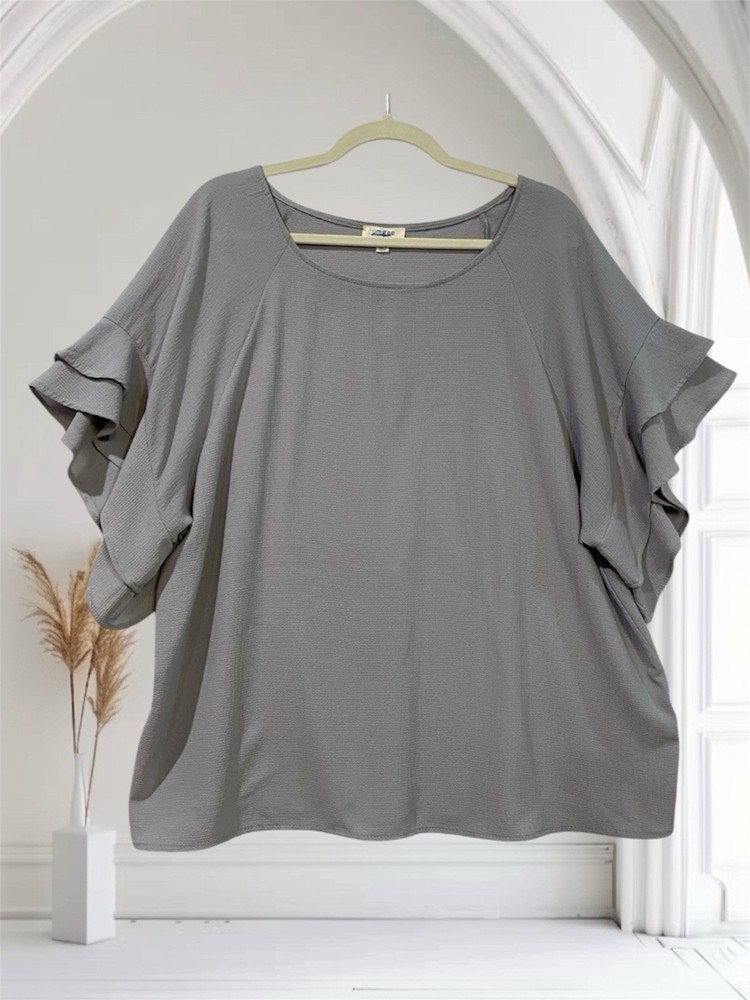 Umgee Womens Gray Ruffle Sleeve Oversized Top Size Medium Boho Summer Chic