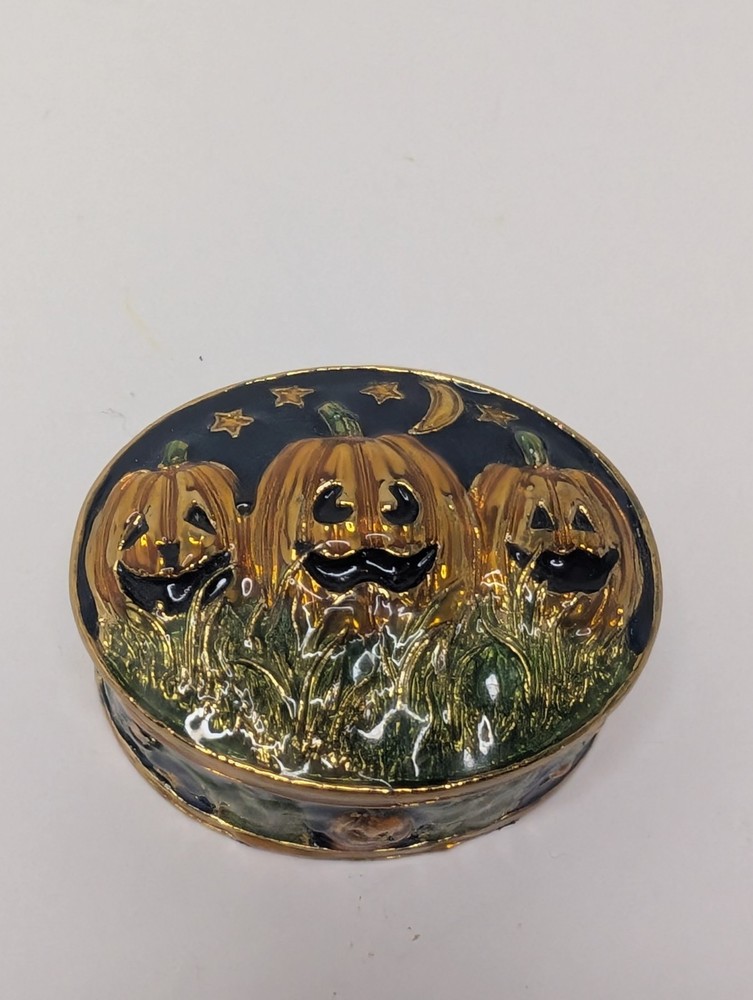 Vintage Halloween Pumpkin Jack O Lantern Ceramic Trinket Dish Candy Bowl Gold...