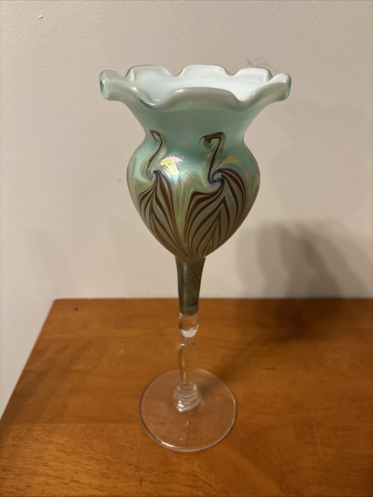Hand Painted Vandermark Tulip Flared Rim Blown Glass Vase 12 Inch