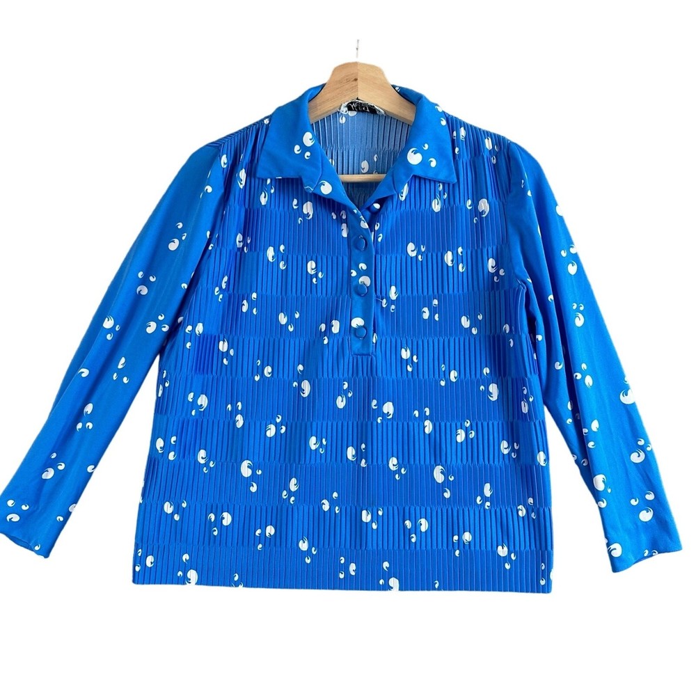 Vintage Hal Ferman Blue Pleated Popover Shirt Blouse Top Micropleat 70s Disco