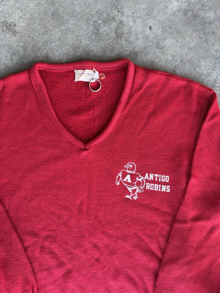 Vintage 70s Red Knit Sweater School Logo Large Made In USA Acrylic Pullover L