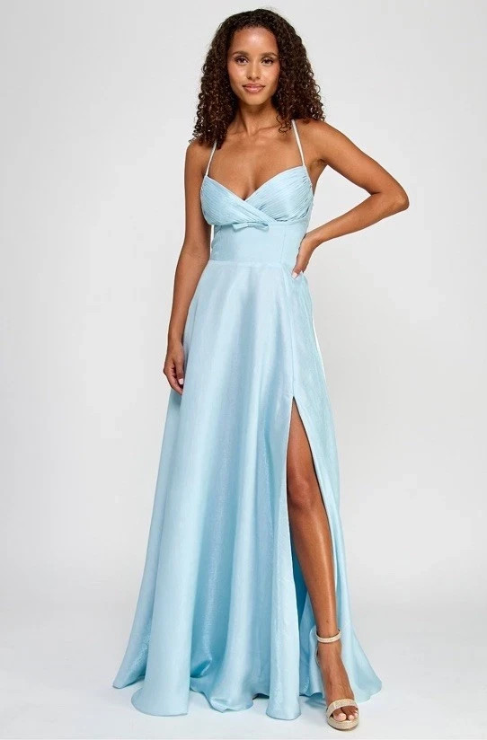 B Darlin Juniors' Satin Pleated-Bodice Surplice Gown Dress Cinderella Blue  9/10