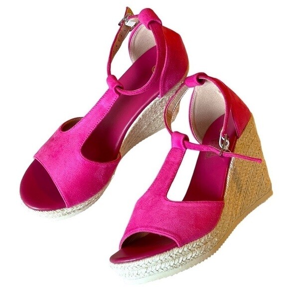 Women's Pink Strappy Wedge Sandals with Platform Heels Size 6.5M