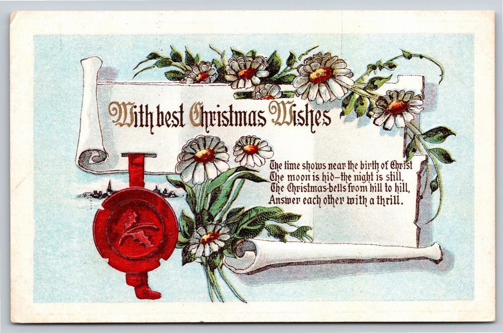 Christmas~Calligraphy Scroll w/Red Wax Seal~Daisies~Poem~Gold~Embossed~Vtg PC