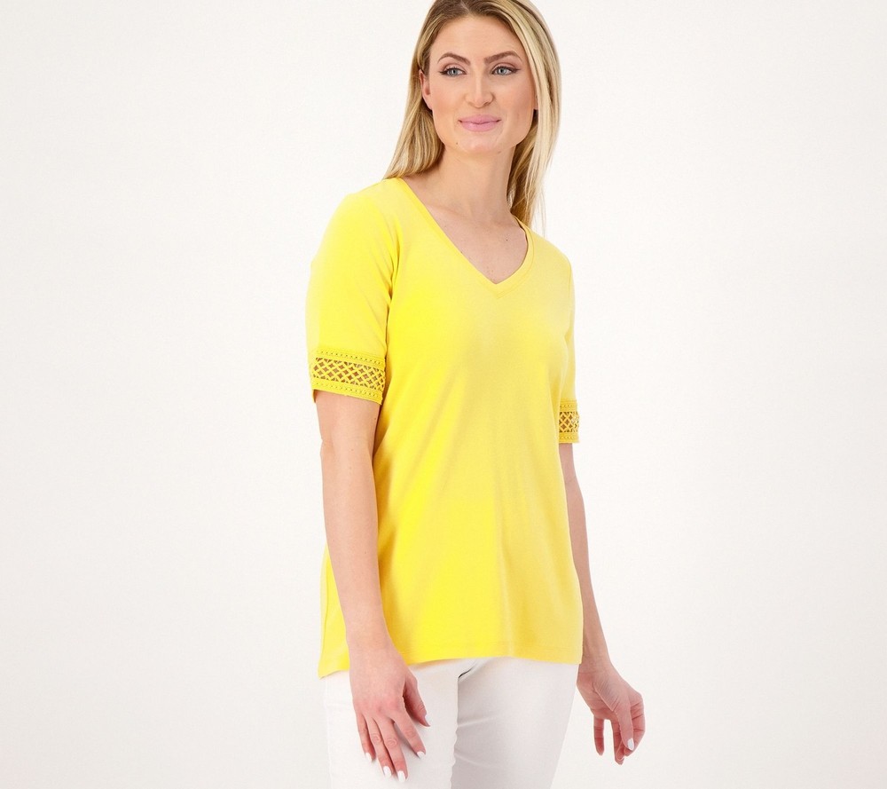 Susan Graver Women's Top Sz S Weekend Cotton Modal Elbow Sleeve Yellow A575895