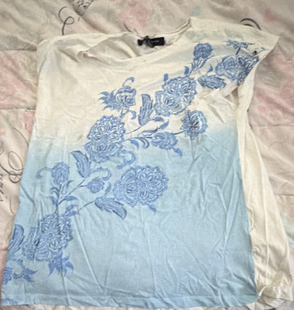 INC International Concepts Women's Floral Blue White Cap Sleeve Pullover T-Shirt