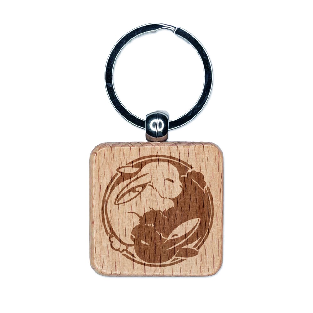 Yin Yang Sleeping Bunny Rabbits Engraved Wood Square Keychain Tag Charm