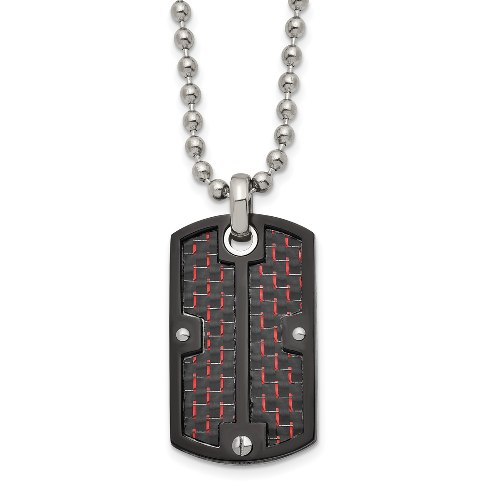 Chisel Stnls Steel Black Black Red Carbon Fiber Inlay Dog Tag Ball Chain 24