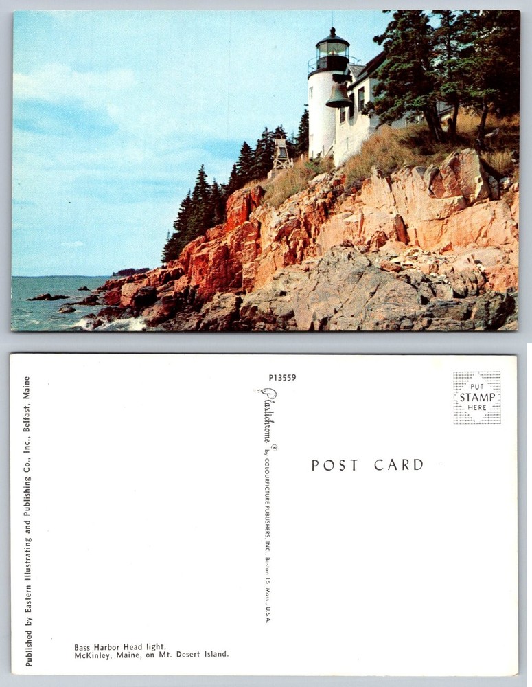 Bass Harbor Head Light Maine Postcard Mt Desert Island Lighthouse Plastichrome