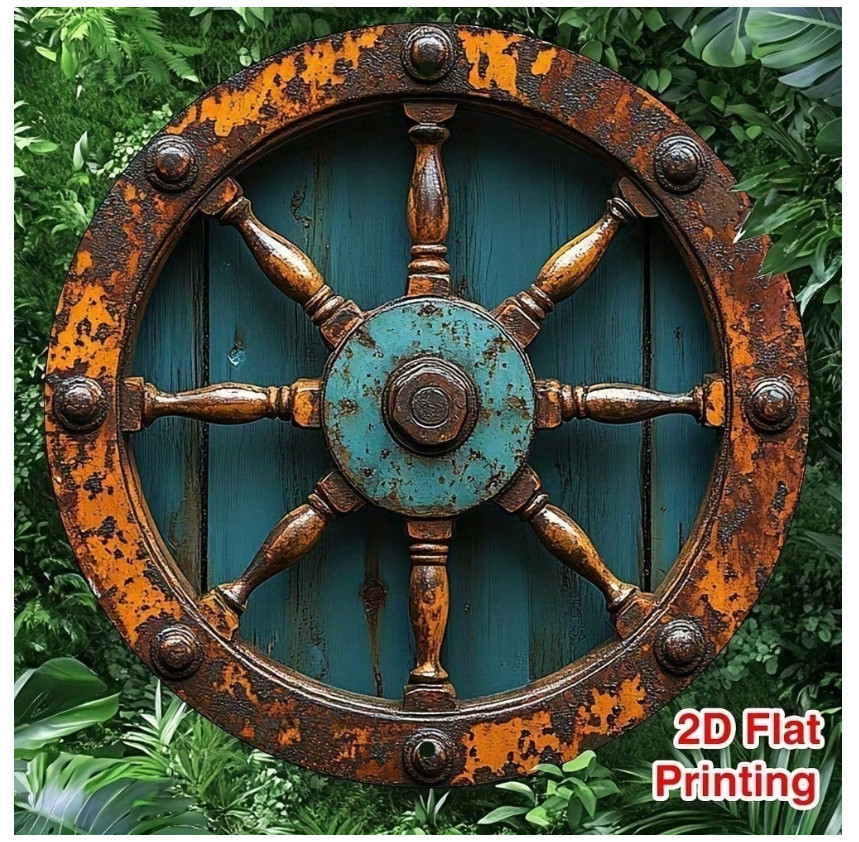 Nautical Vintage Style Metal Ship's Wheel Wall Art Decor Sign - 8x8 Inch Aluminu