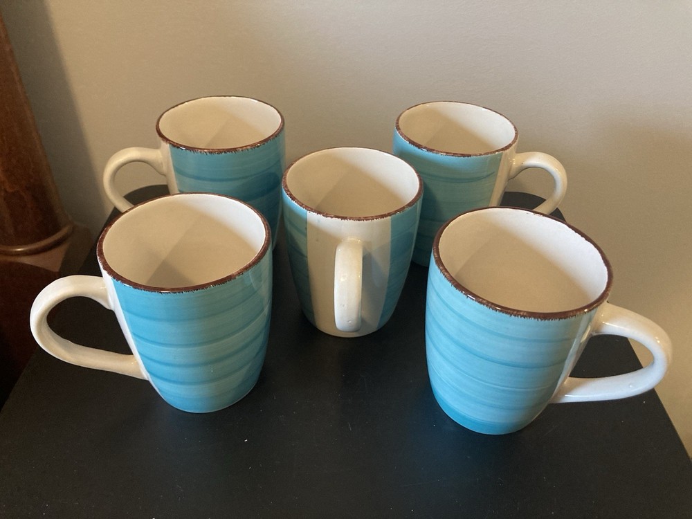 Set of 5 Royal Norfolk Stoneware Coffee Mugs Teal Turquoise Blue Cups