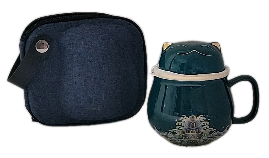 Portable Ceramic Tea Cup Teal Cat Kitty Travel Cup Mug With Infuser & Lid